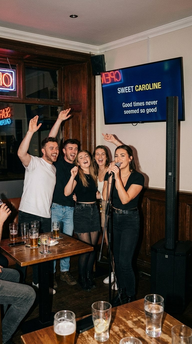 Guest singing karaoke at a home party with friends cheering — Backup Singer Mode karaoke hire