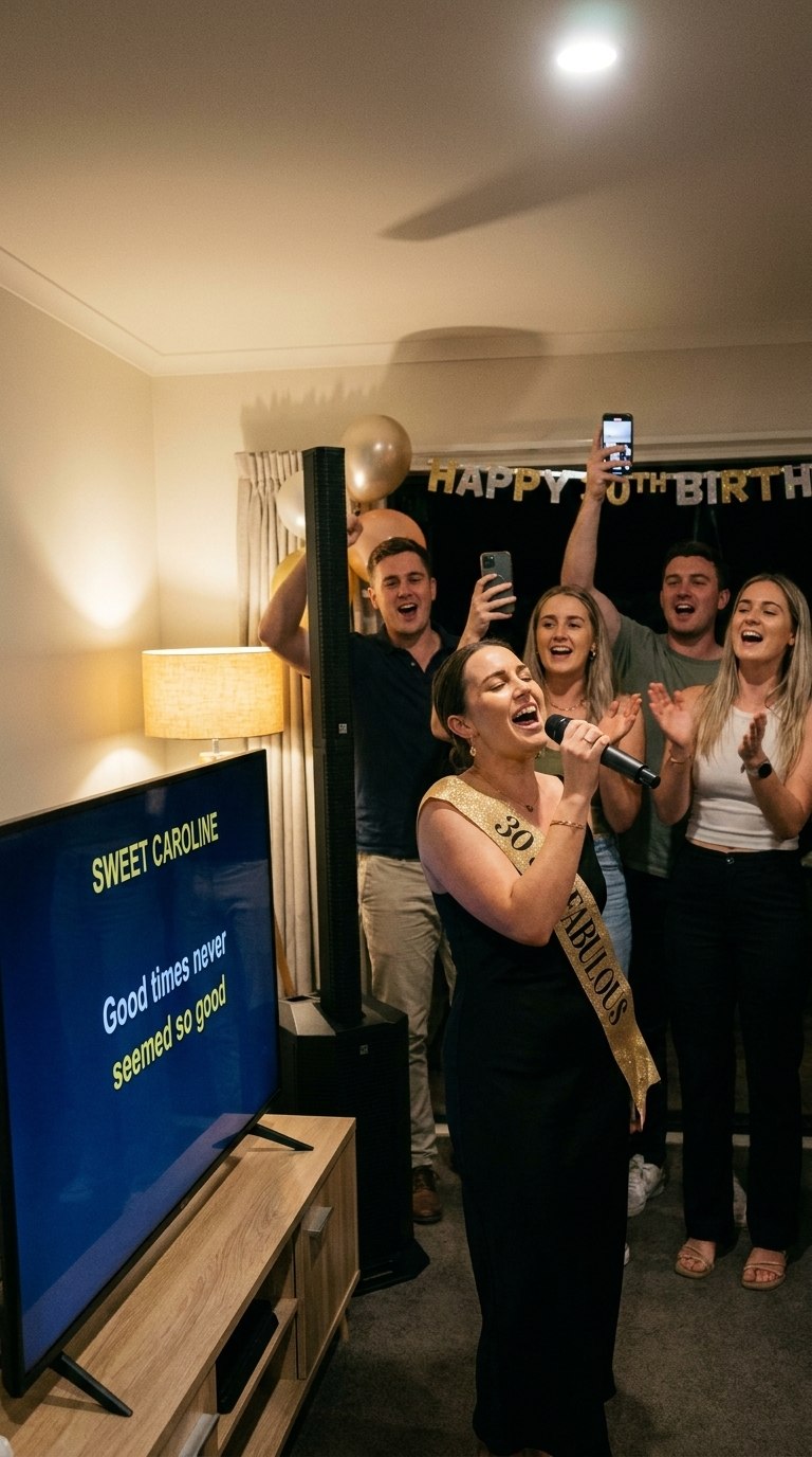 Group singing karaoke at a birthday house party — karaoke hire Wellington