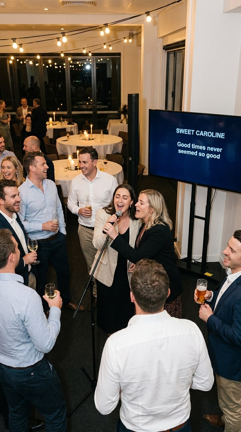 Work function guests singing karaoke at a corporate event