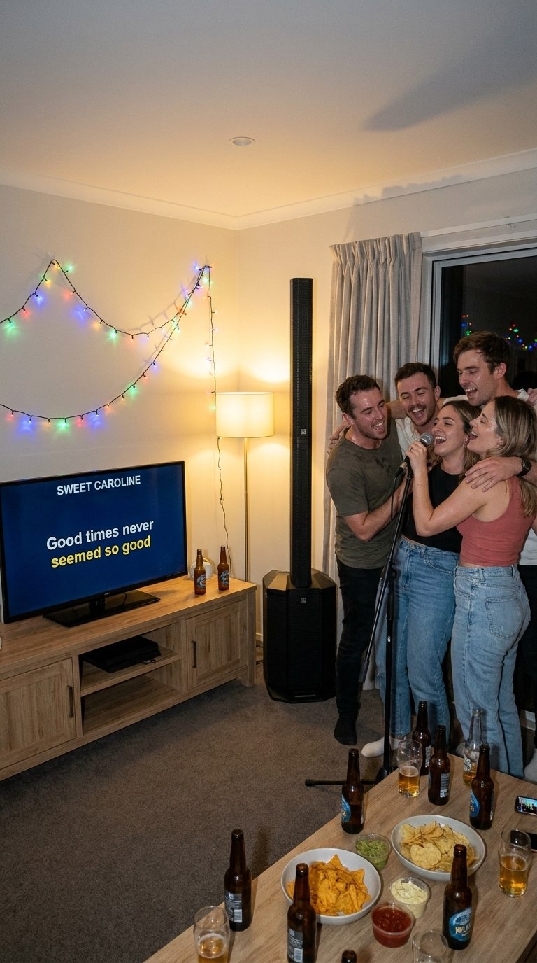 Friends singing karaoke together in a living room