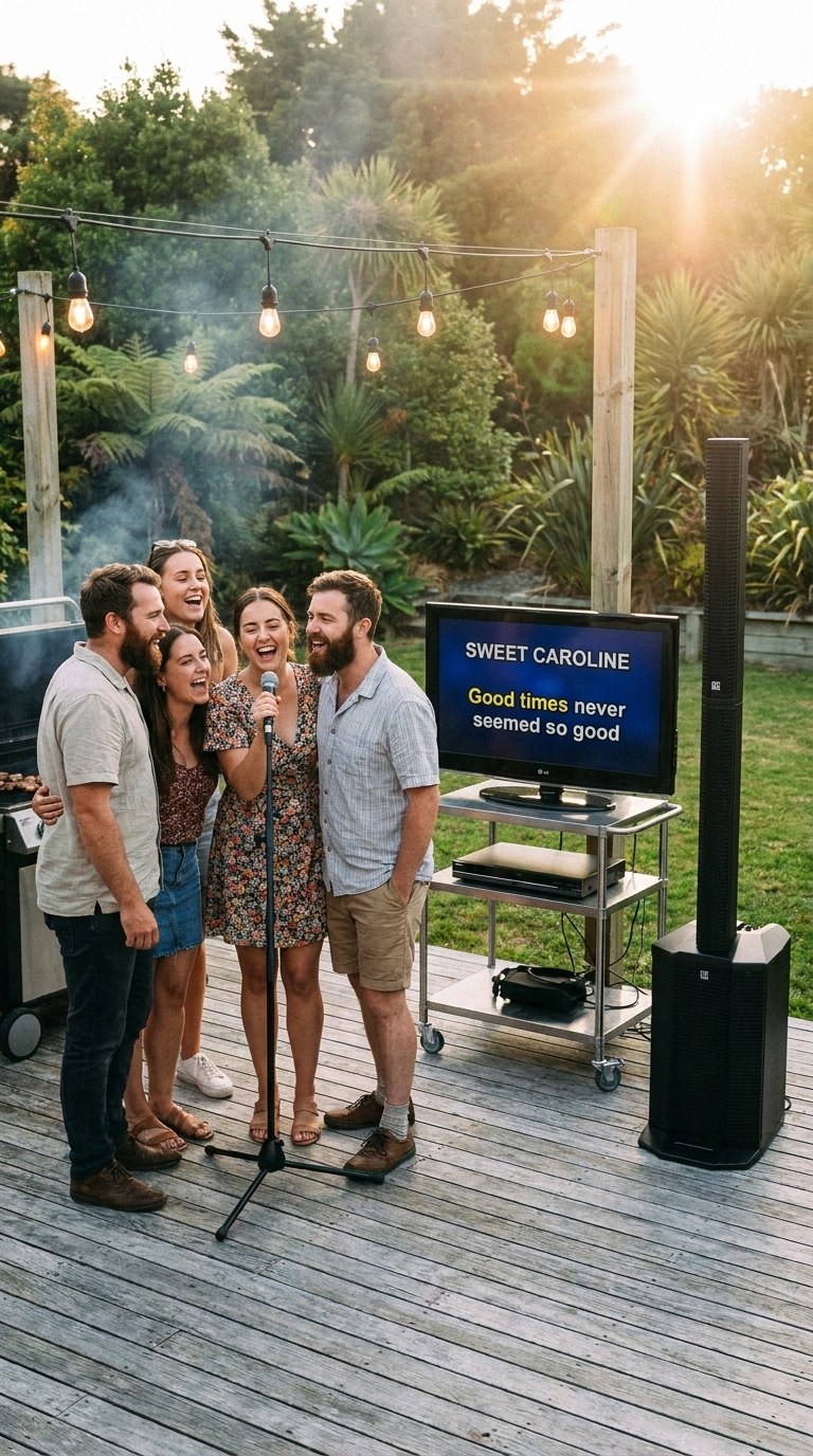 Outdoor karaoke hire at a backyard garden party