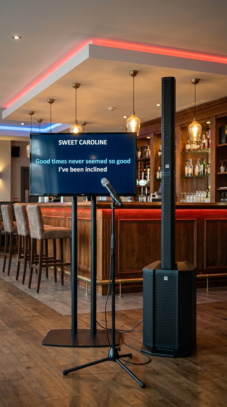 Karaoke machine hire setup in a Wellington lounge — PA speaker, microphone and lyrics on TV